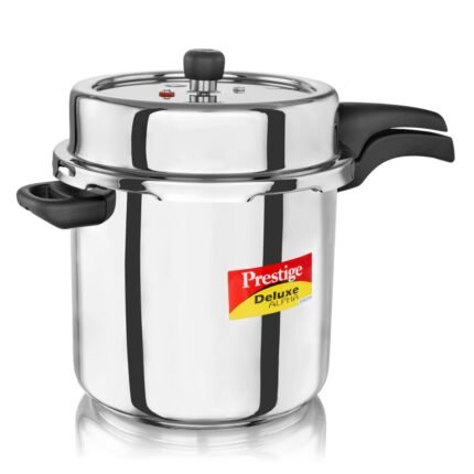 Prestige 10 Litre Stainless Steel Deluxe Alpha Svachh Outer lid Pressure Cooker|Deep lid for spillage control | 10 years Warranty| Gas  &  Induction compatible | Gasket release System| ISI Certified
