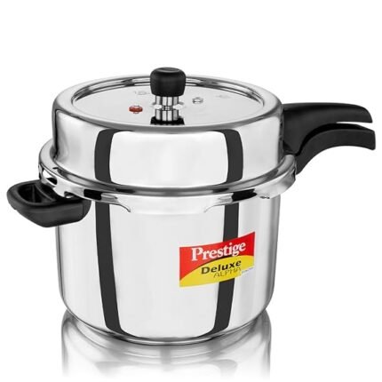 Prestige 8 Litre Stainless Steel Deluxe Alpha Svachh Outer lid Pressure Cooker|Deep lid for spillage control | 10 years Warranty| Gas  &  Induction compatible | Gasket release System| ISI Certified
