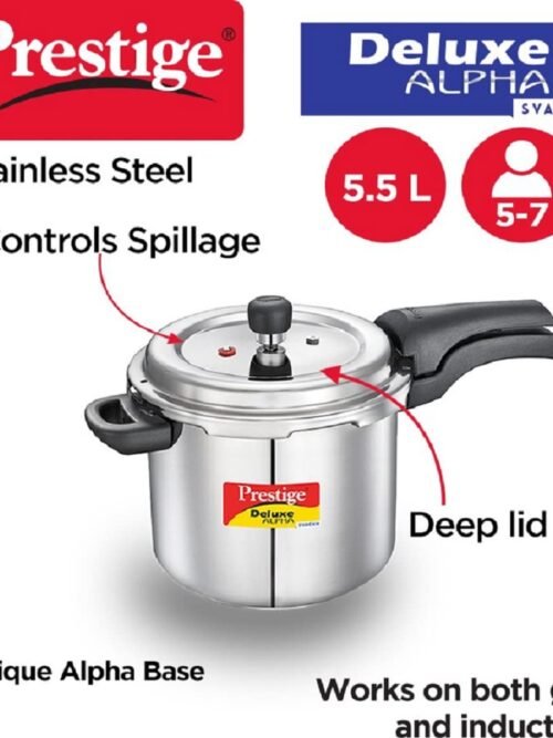 Prestige 5.5 Litre Stainless Steel Deluxe Alpha Svachh Outer lid  Pressure Cooke |Deep lid for spillage control | 10 years Warranty| Gas  &  Induction compatible | Gasket release System| ISI Certified