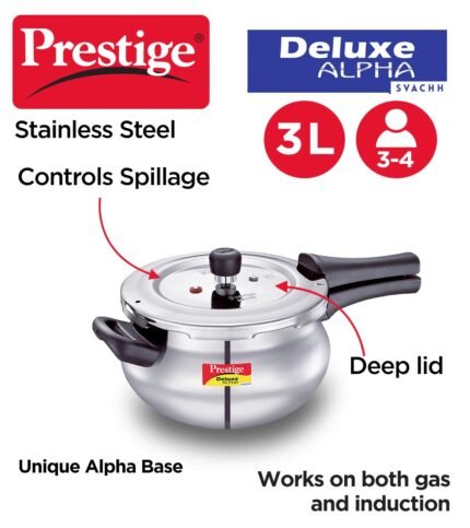 Prestige 3 Litre Stainless Steel Deluxe Alpha Svachh Outer lid Handi Pressure Cooke |Deep lid for spillage control | 10 years Warranty| Gas  &  Induction compatible | Gasket release System| ISI Certified