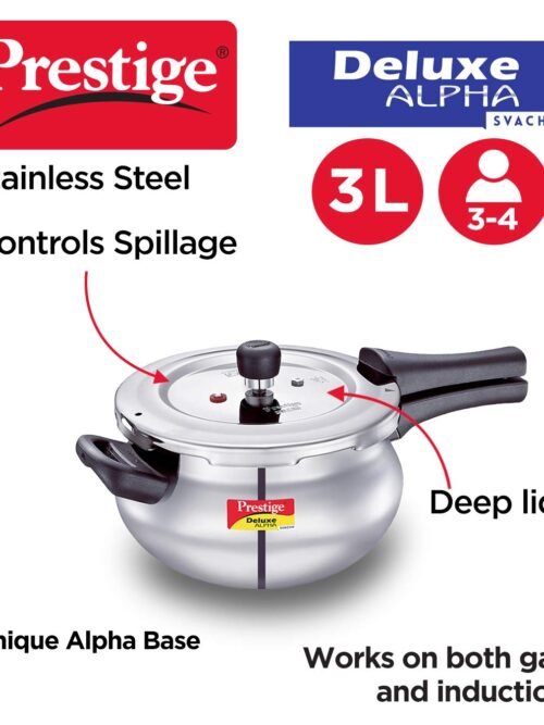 Prestige 3 Litre Stainless Steel Deluxe Alpha Svachh Outer lid Handi Pressure Cooke |Deep lid for spillage control | 10 years Warranty| Gas  &  Induction compatible | Gasket release System| ISI Certified