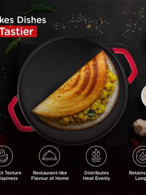 Pigeon by Stovekraft Pre-Seasoned Cast Iron Tawa 30 cm | Pre-Seasoned with 100% Vegetable Oil | Naturally Nonstick | High Pressure Casting | Toxin-Free |Nostalgic Taste | Double Side Handles