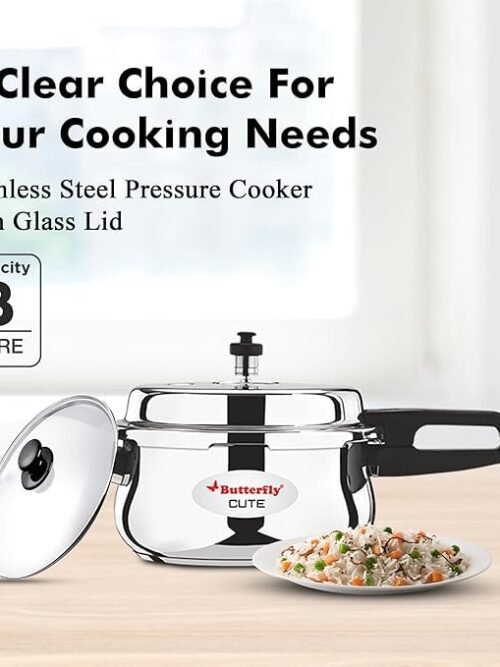 Butterfly Cute SS Induction Compatible Outer Lid Stainless Steel Pressure Cooker With Glass Lid 3 liter, Silver