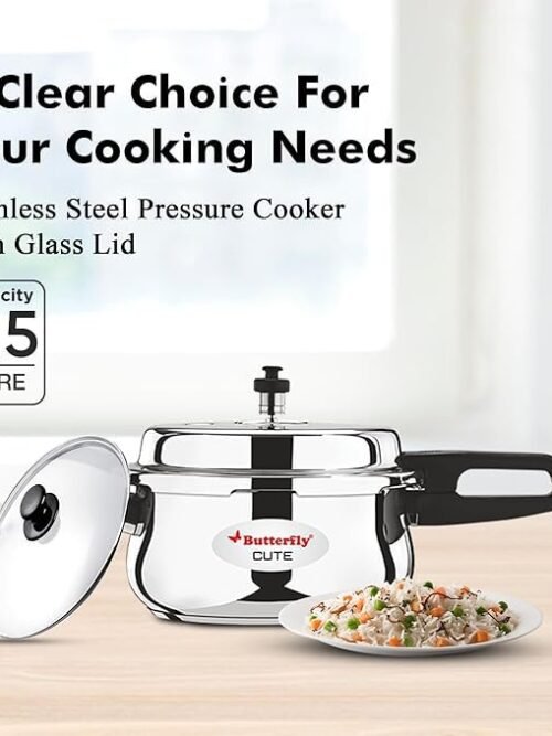 Butterfly Cute SS Induction Compatible Outer Lid Stainless Steel Pressure Cooker With Glass Lid 5.5 liter, Silver