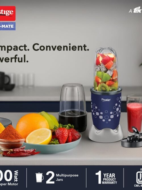 Prestige Nutri-Mate 400W Mixer Grinder 2 Multipurpose Jars (Lids-1 Sipper, 1 Storage, 1 Sprinkle) Blue