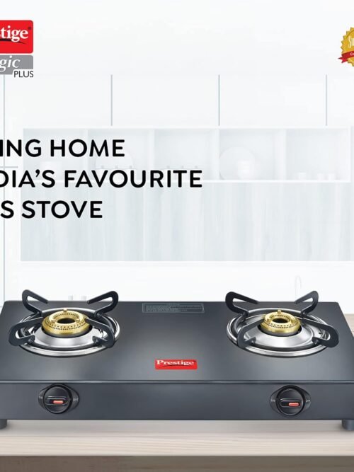 Prestige Magic plus Toughened Glass-Top 2 Brass Burner LPG Gas Stove(GTMP-02) | Black Spill Proof Design | Ergonomic Knob | Tri-Pin Burner