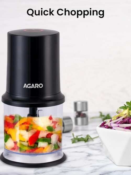 AGARO Electric Chopper, 400 Watts, Vegetable Chopper, Cutter, 100% Pure Copper Motor, Chop, Mince, Dice, Twin Stainless Steel Blade, 500 Ml, One Touch Operation, Elegant, Black.
