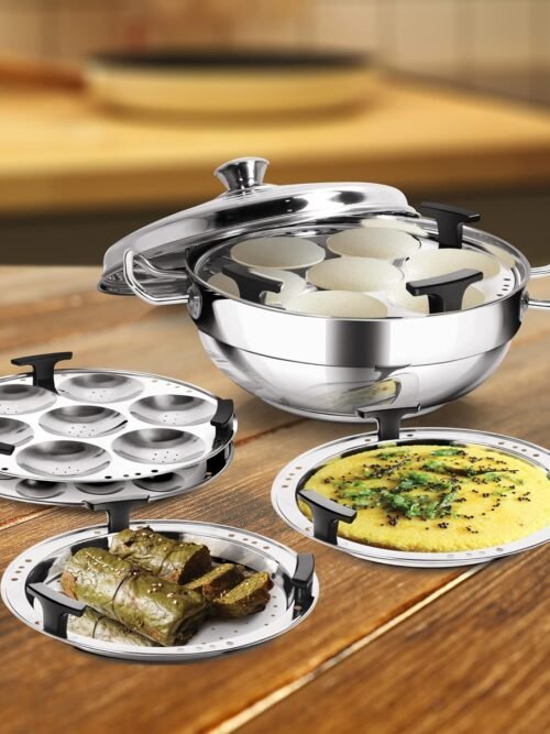 MILTON Pro cook Induction Cookware & Gas Stove Friendly Stainless Steel Idli Cooker 6 Plates | 2 Regular Idli Plates | 1 Mini Idli Plate | 1 Steamer Plate | 2 Dhokla Plates | Multi Kadai Idali Maker