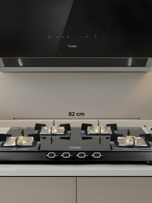 Prestige Vectra 4 Burner Glasstop Gas Stove|Superior Toughened Glass|Jumbo Brass Burner|3-Way Gas Inlet|360 Degree Revolving Nozzle|10 Years Warranty on Glass|Black,Manual