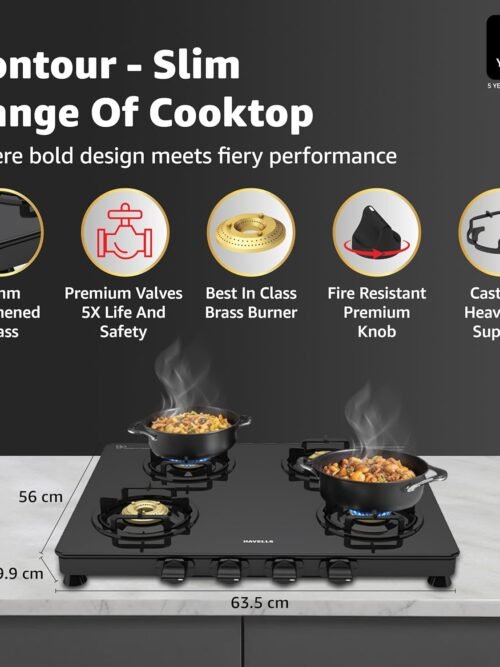 Havells Contour Toughened Glass-Top 4 Brass Burner LPG Gas Stove | Removable Drip Tray | Soft Touch, Ergonomically Designed Knobs | 2 Years Comprehensive Warranty (Black)