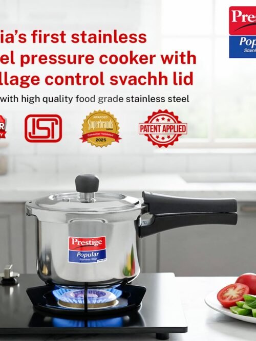 Prestige 1.5 Litre Stainless Steel Popular Svachh Outerlid Pressure Cooker | Deep lid for spillage control|Gas & Induction Compatible|Controlled Gasket Release System|5 Years warranty|ISI Certified