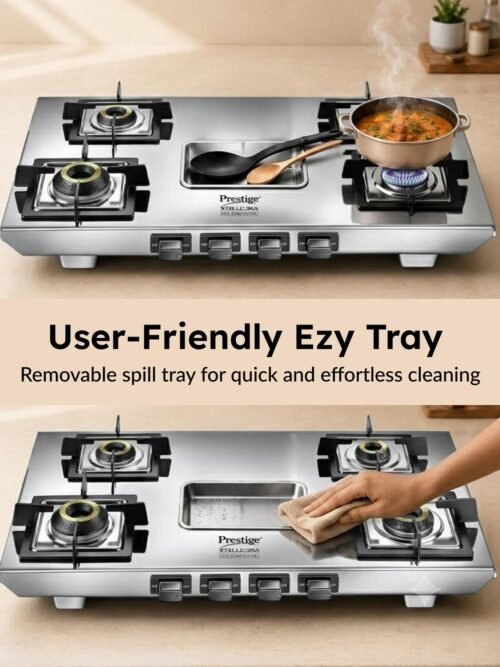 Prestige Stellora Stainless Steel L.P. Gas Stove (With Stainless Steel Body and 4 Unit Brass Burners)